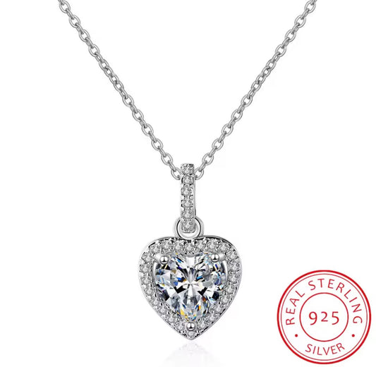 925 Sterling Silver Zircon Heart Pendants Necklaces
