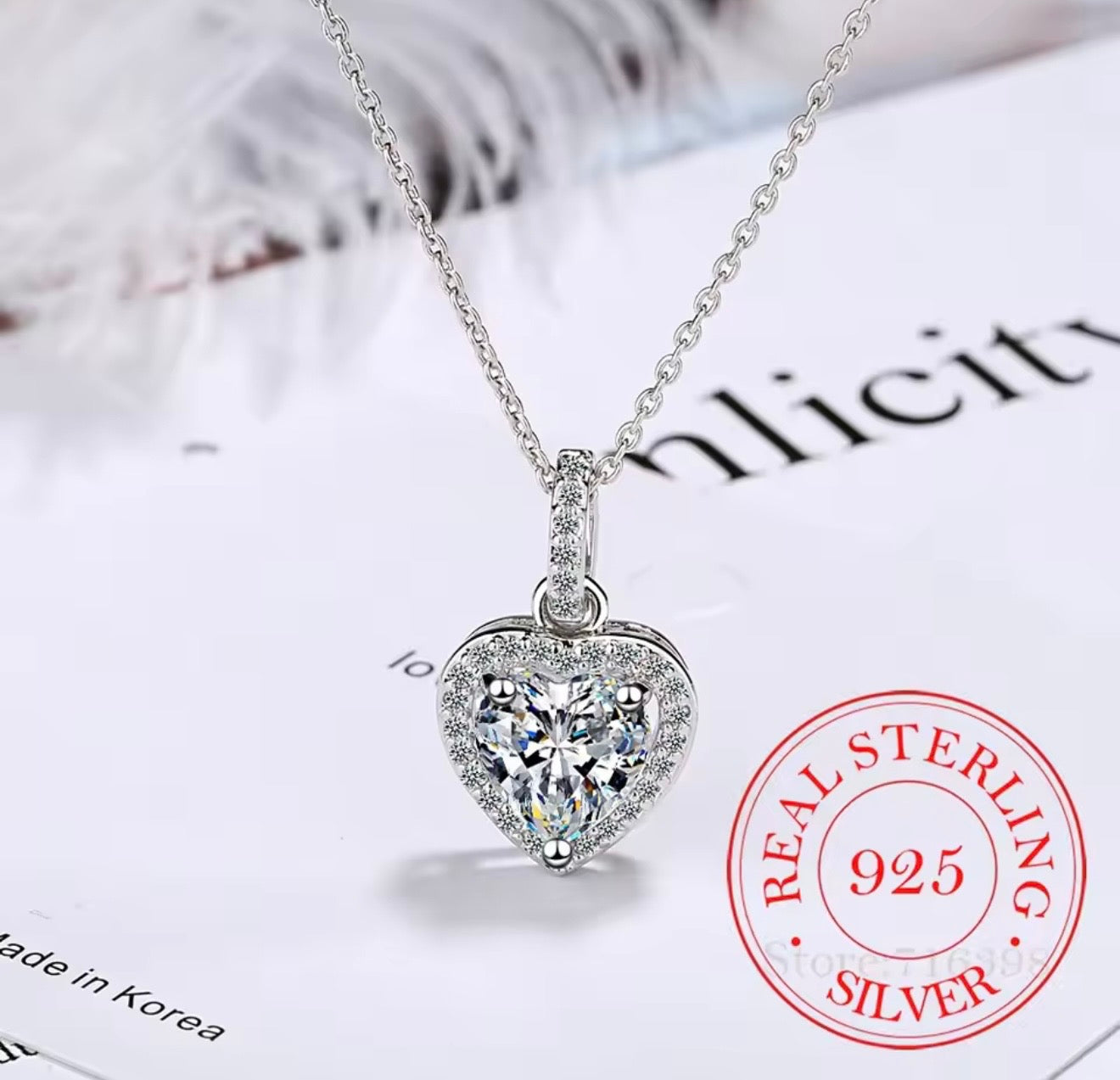 925 Sterling Silver Zircon Heart Pendants Necklaces