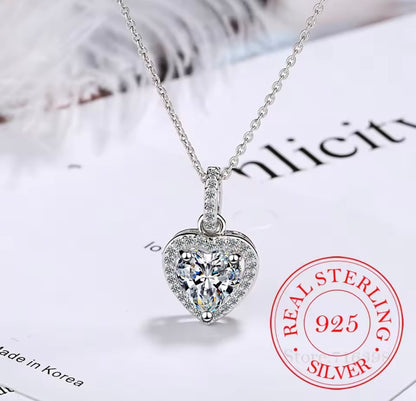 925 Sterling Silver Zircon Heart Pendants Necklaces