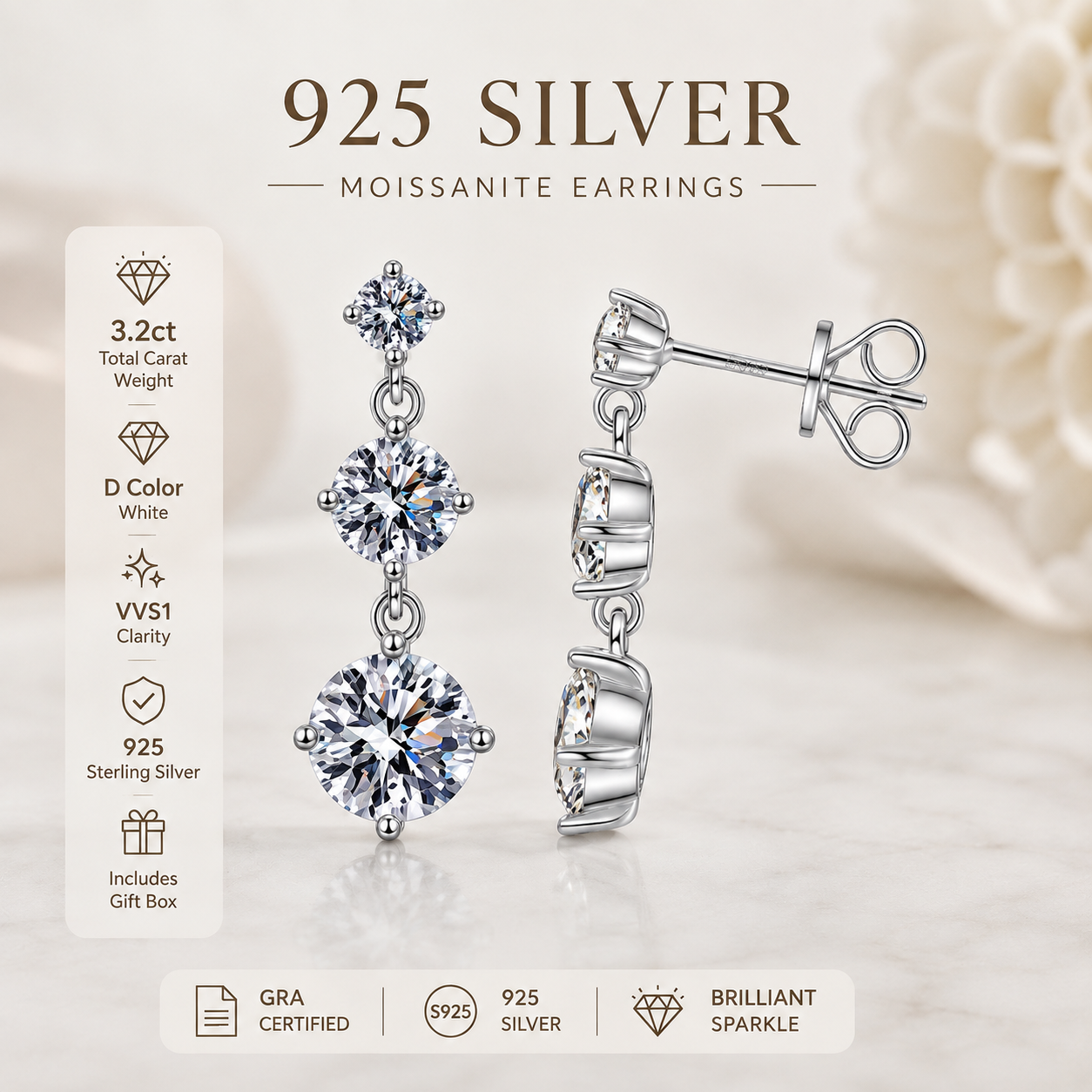 925 Sterling Silver 3.2ct Moissanite Drop Earrings